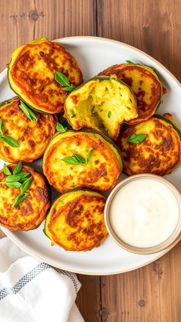 Baked Keto Zucchini Fritters Recipe Baked zucchini fritters on a plate, garnished with herbs and served with dipping sauce.